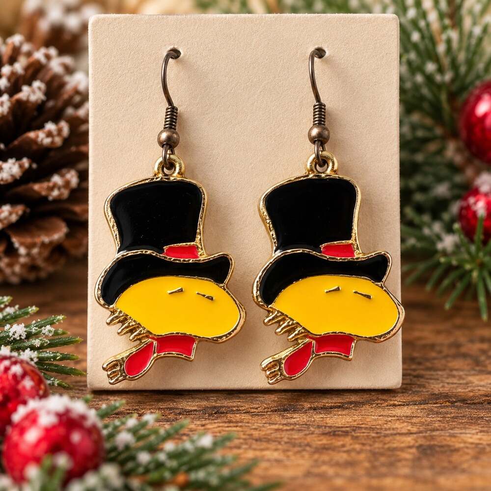 Vintage Peanuts Woodstock Top Hat Enamel Dangle Earrings Starline USF Licensed
